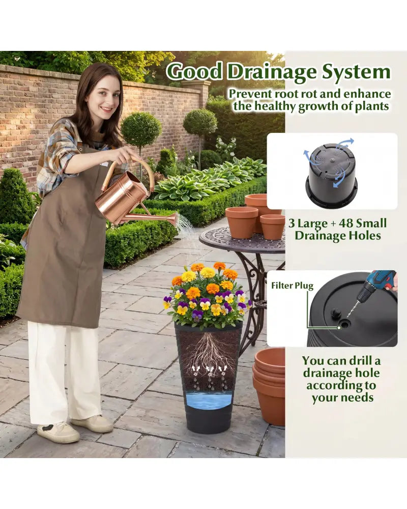 18 Inch Tall Flower Pot Set of 2 with Insert Bucket and Handle Design-Black - Black - Raised Garden Beds