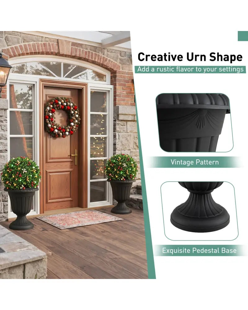 18 inch Tall Vintage Planters Set of 2 with Pedestal Base and Pre-marked Drain Hole-Black - Black - Raised Garden Beds