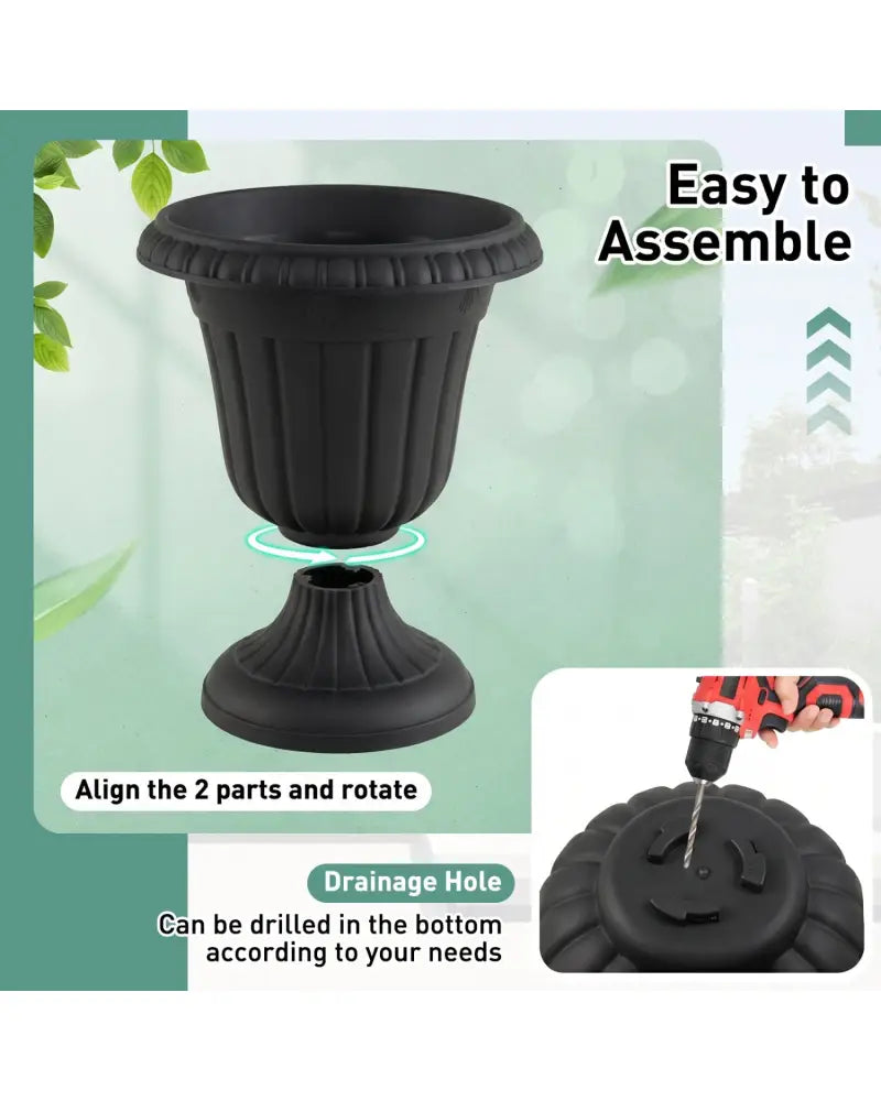 18 inch Tall Vintage Planters Set of 2 with Pedestal Base and Pre-marked Drain Hole-Black - Black - Raised Garden Beds