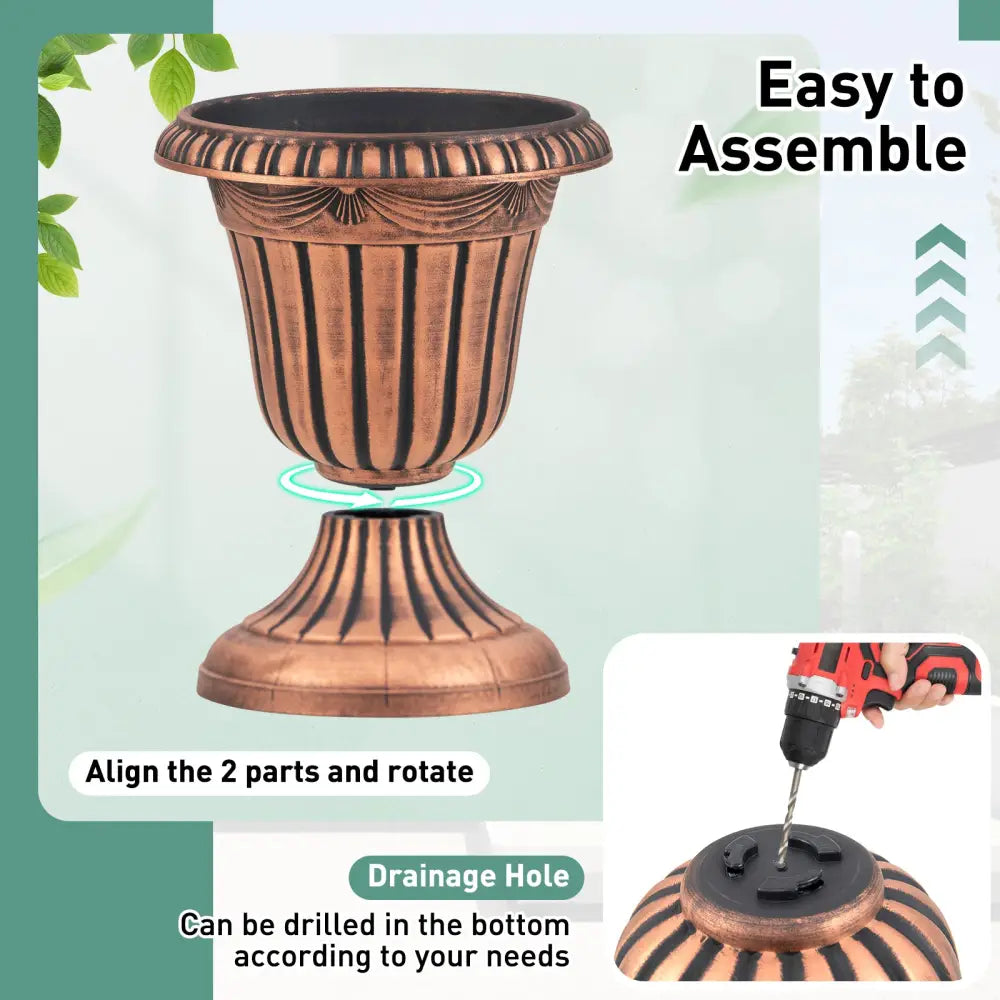 18 inch Tall Vintage Planters Set of 2 with Pedestal Base and Pre-marked Drain Hole-Bronze - Bronze - Raised Garden Beds