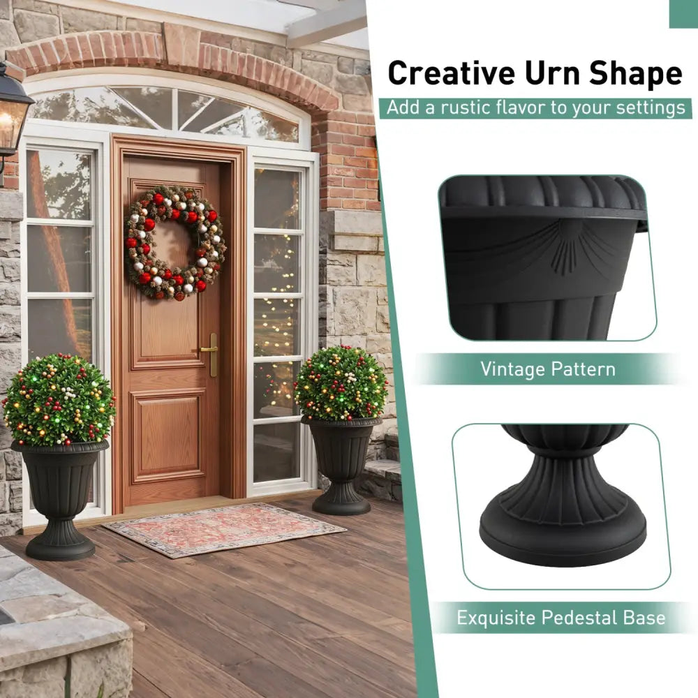 18 inch Tall Vintage Planters Set of 2 with Pedestal Base and Pre-marked Drain Hole-Black - Black - Raised Garden Beds