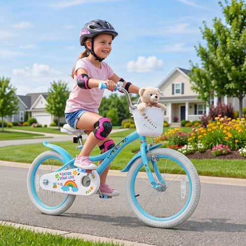 18 Inches Girls Bike for 4-8 Years Old with Basket - Spring Party Blue - Blue - Kids Bike