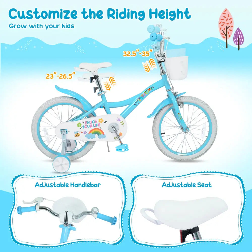18 Inches Girls Bike for 4-8 Years Old with Basket - Spring Party Blue - Blue - Kids Bike