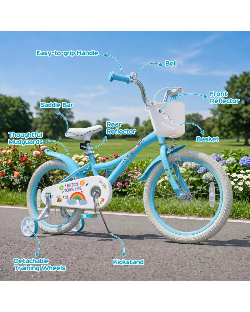 18 Inches Girls Bike for 4-8 Years Old with Basket - Spring Party Blue - Blue - Kids Bike