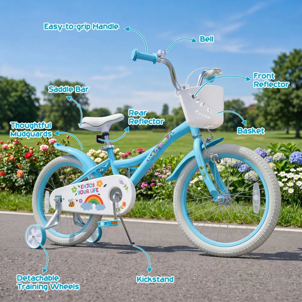 18 Inches Girls Bike for 4-8 Years Old with Basket - Spring Party Blue - Blue - Kids Bike