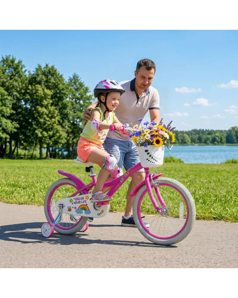 18 Inches Girls Bike for 4-8 Years Old with Basket - Spring Party Pink - Pink - Kids Bike