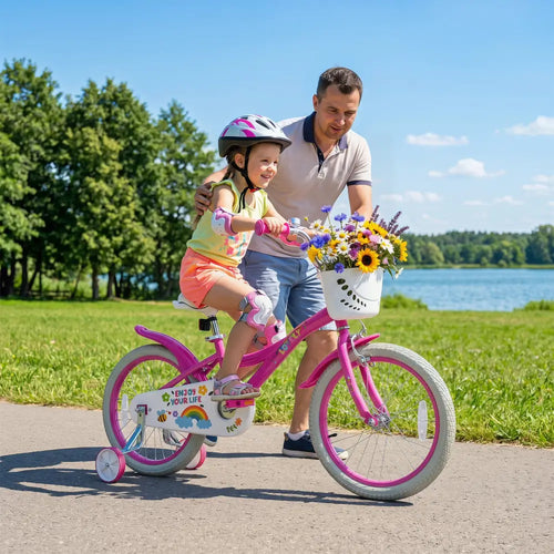 18 Inches Girls Bike for 4-8 Years Old with Basket - Spring Party Pink - Pink - Kids Bike