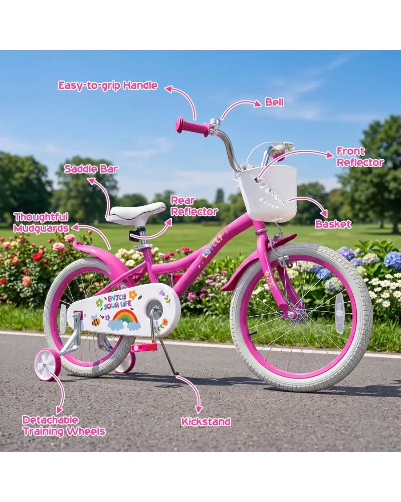 18 Inches Girls Bike for 4-8 Years Old with Basket - Spring Party Pink - Pink - Kids Bike