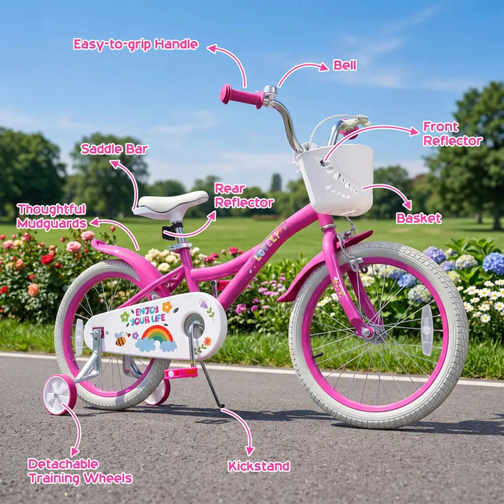 18 Inches Girls Bike for 4-8 Years Old with Basket - Spring Party Pink - Pink - Kids Bike