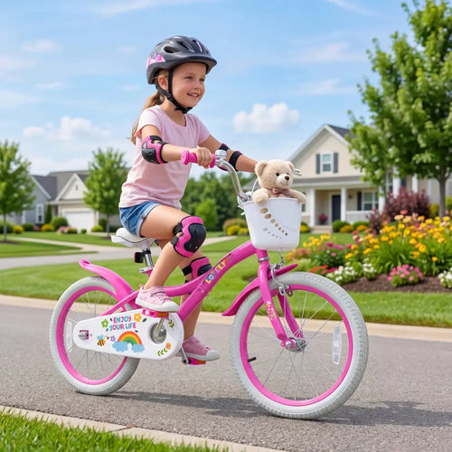 18 Inches Girls Bike for 4-8 Years Old with Basket - Spring Party Pink - Pink - Kids Bike