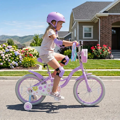 18 Inches Girls Bike with Front Bag and Streamers for 4-8 Years Purple - Purple - Kids Bike