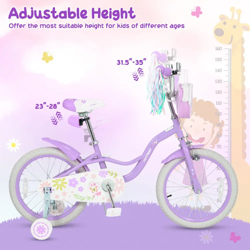18 Inches Girls Bike with Front Bag and Streamers for 4-8 Years Purple - Purple - Kids Bike