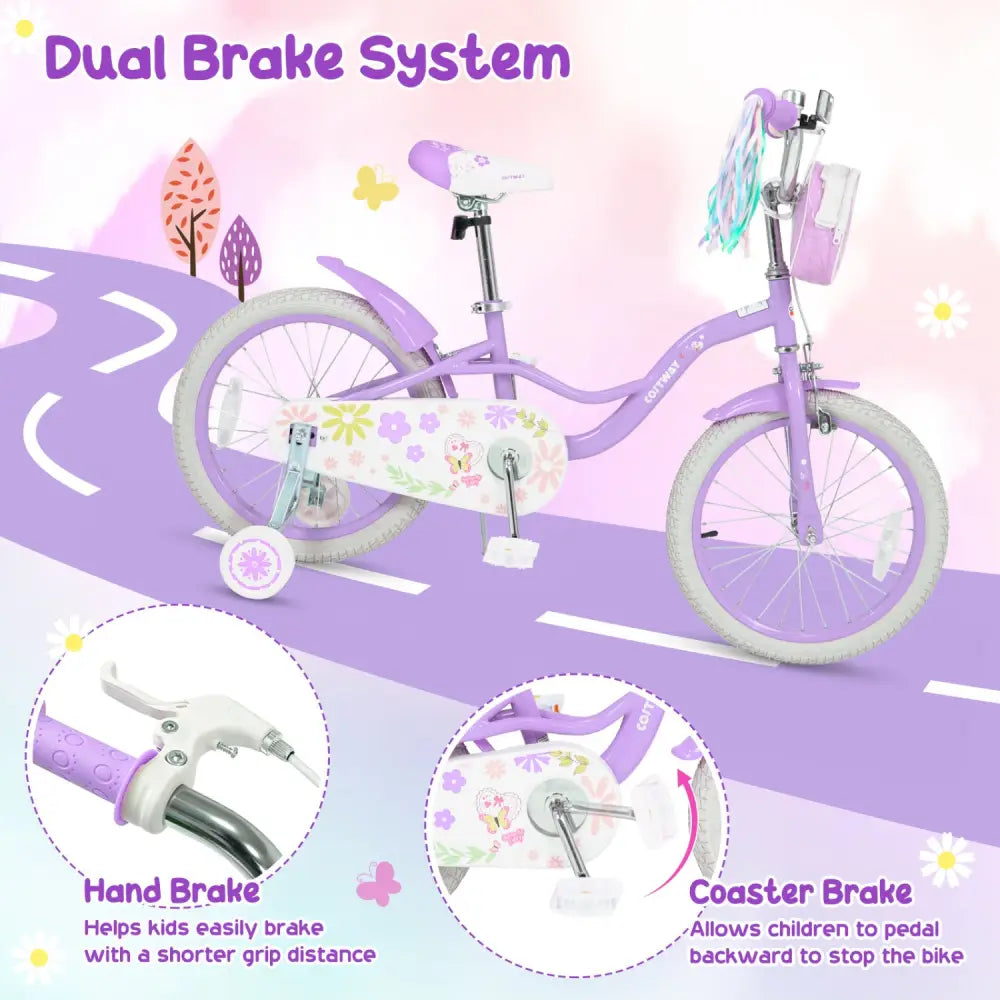 18 Inches Girls Bike with Front Bag and Streamers for 4-8 Years Purple - Purple - Kids Bike
