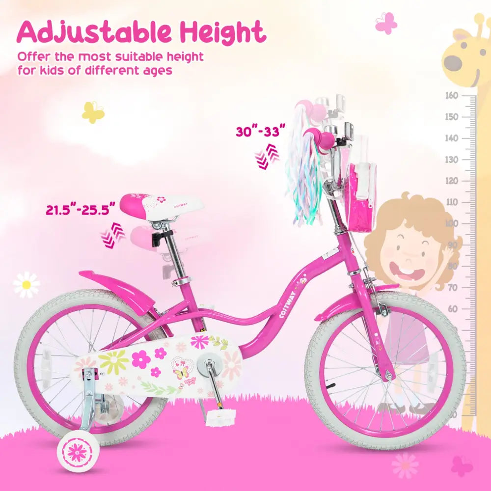 18 Inches Girls Bike with Front Bag and Streamers for 4-8 Years Pink - Pink - Kids Bike