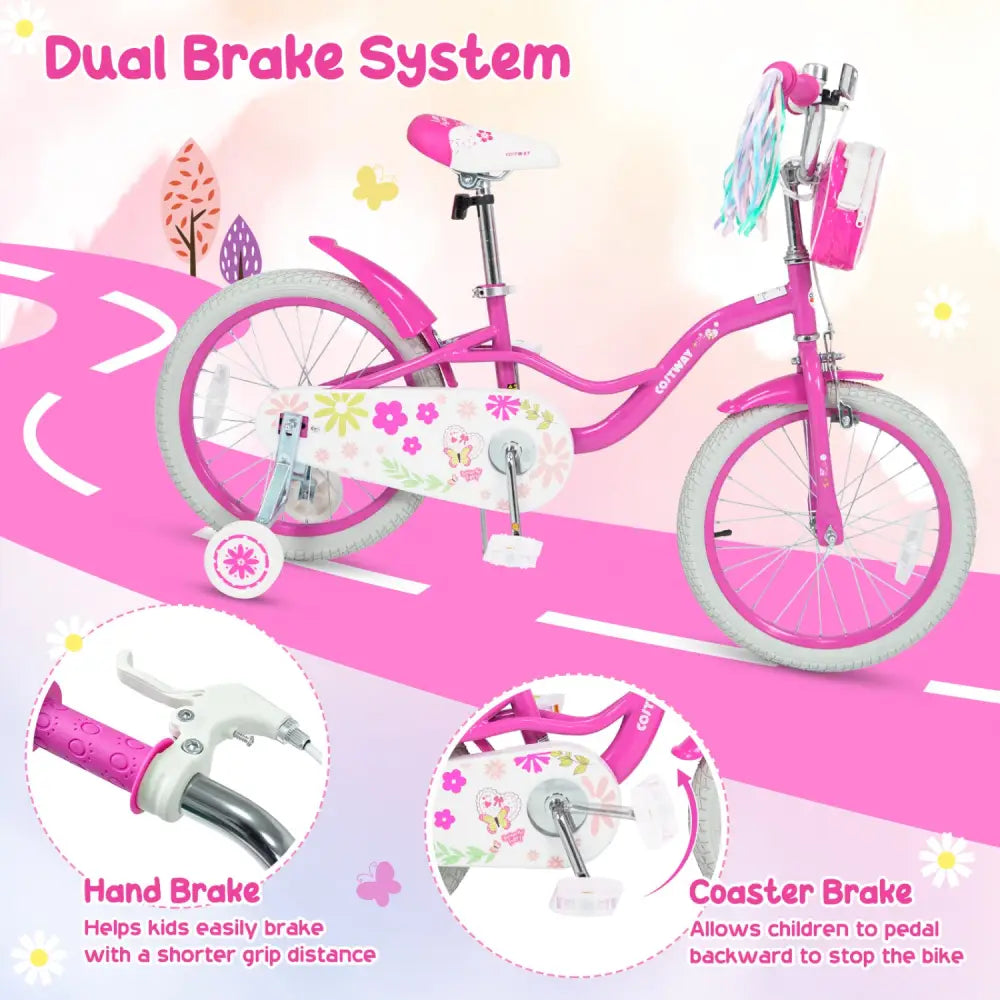 18 Inches Girls Bike with Front Bag and Streamers for 4-8 Years Pink - Pink - Kids Bike