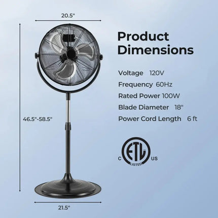 18 Inches High Velocity Pedestal Fan with 3 Speeds and Adjustable Height-Black Costway