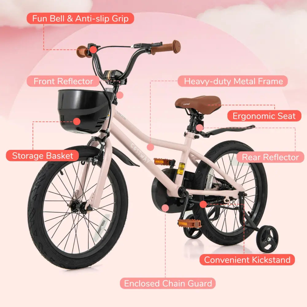 18 Inches Kids Bike with Basket and Adjustable Handlebar for 4-8 Years Old - Pink - Kids Bike