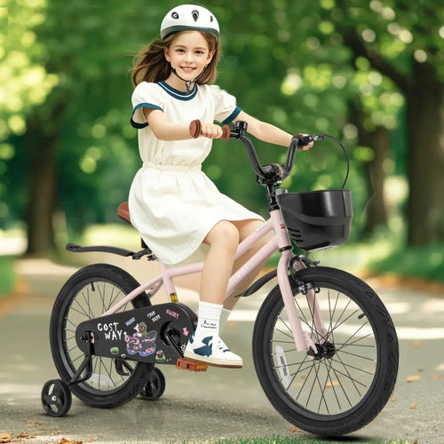 18 Inches Kids Bike with Basket and Adjustable Handlebar for 4-8 Years Old - Pink - Kids Bike