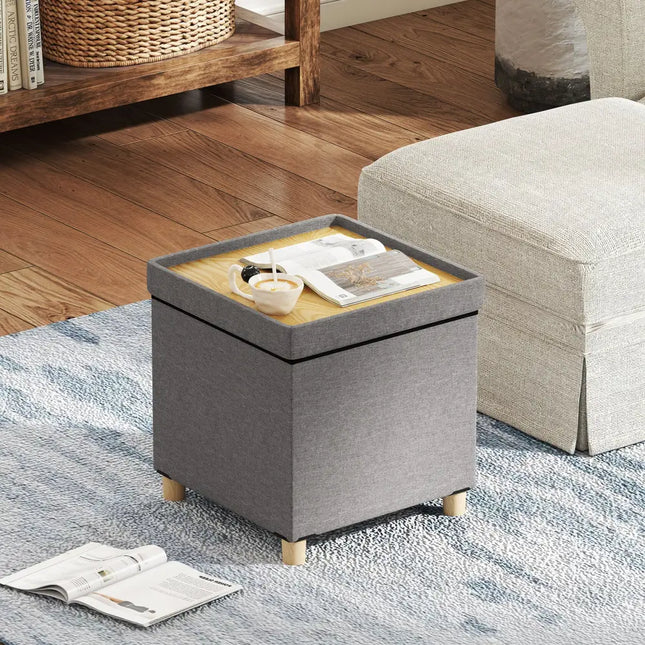 18 Inches Ottoman with Storage and Rubber Wood Legs-Gray - Gray - Shoe Racks & Storage Benches