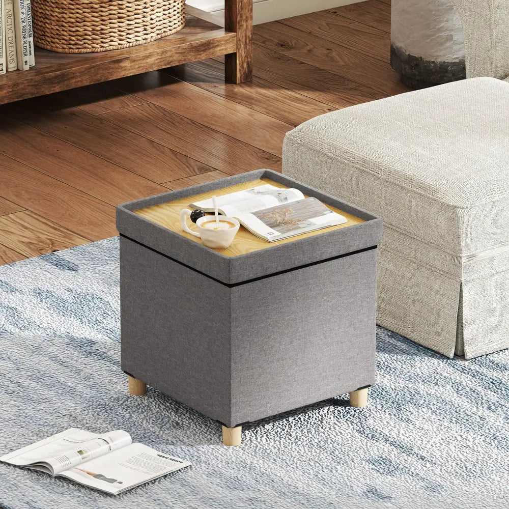 18 Inches Ottoman with Storage and Rubber Wood Legs-Gray - Gray - Shoe Racks & Storage Benches