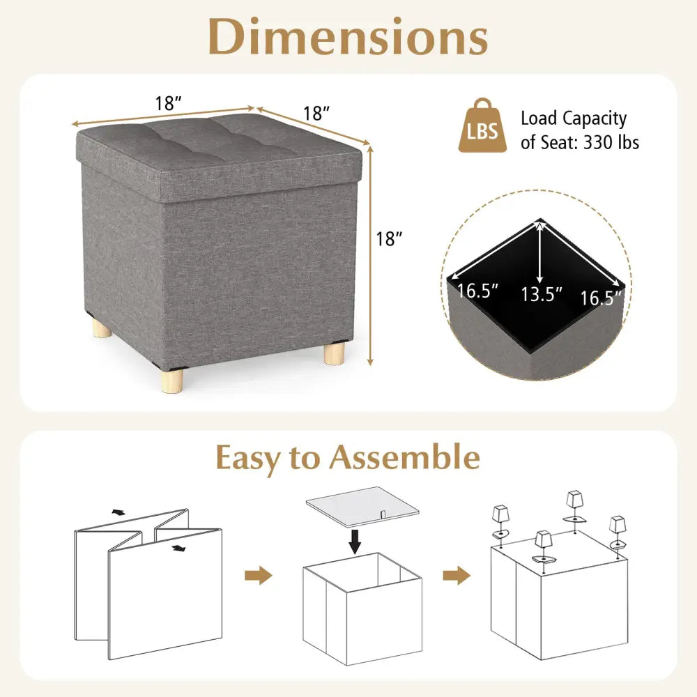 18 Inches Ottoman with Storage and Rubber Wood Legs-Gray - Gray - Shoe Racks & Storage Benches