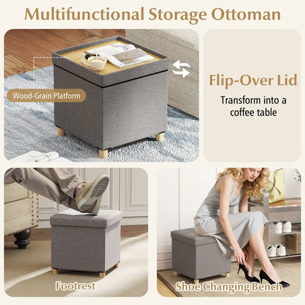 18 Inches Ottoman with Storage and Rubber Wood Legs-Gray - Gray - Shoe Racks & Storage Benches