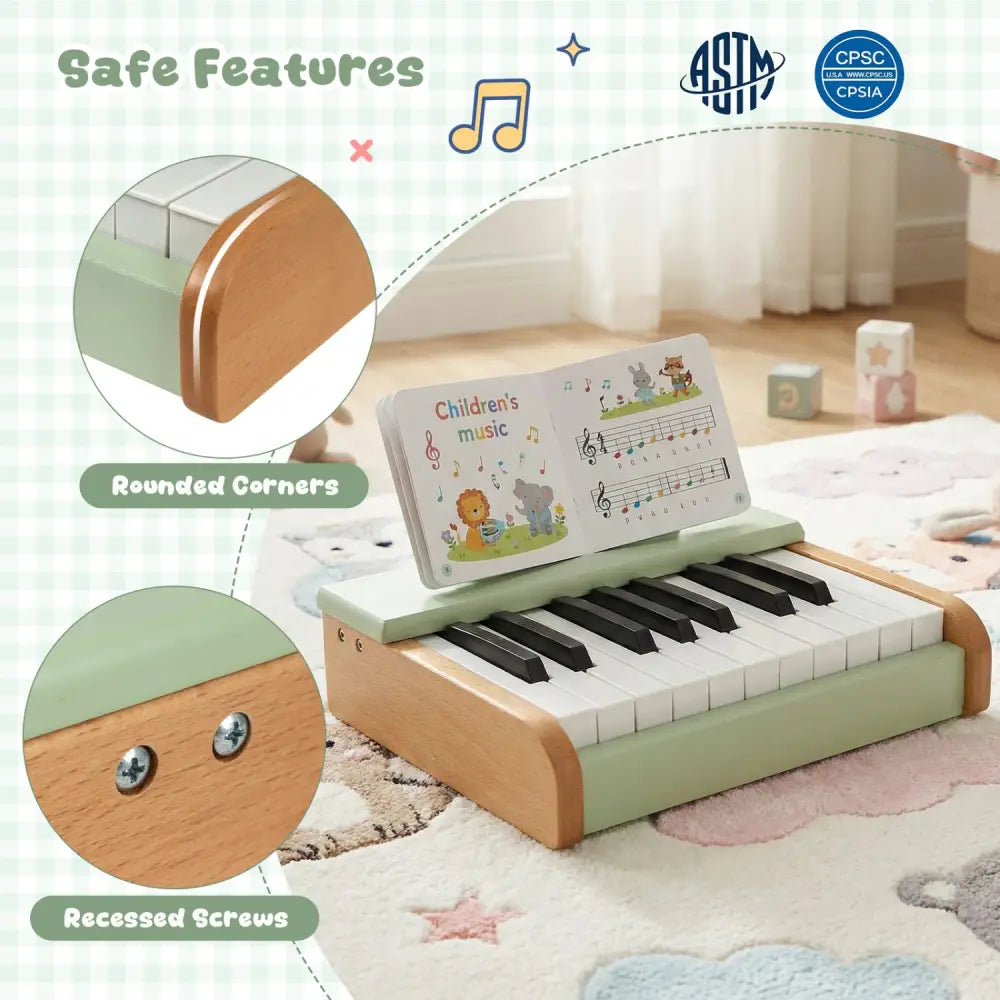 18 Keys Wooden Piano for Kids with Removable Music Stand-Green - Green - Pianos & Keyboards