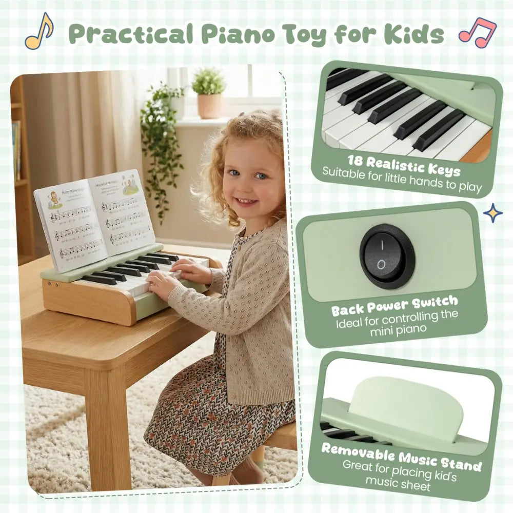 18 Keys Wooden Piano for Kids with Removable Music Stand-Green - Green - Pianos & Keyboards