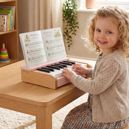18 Keys Wooden Piano for Kids with Removable Music Stand-Pink - Pink - Pianos & Keyboards