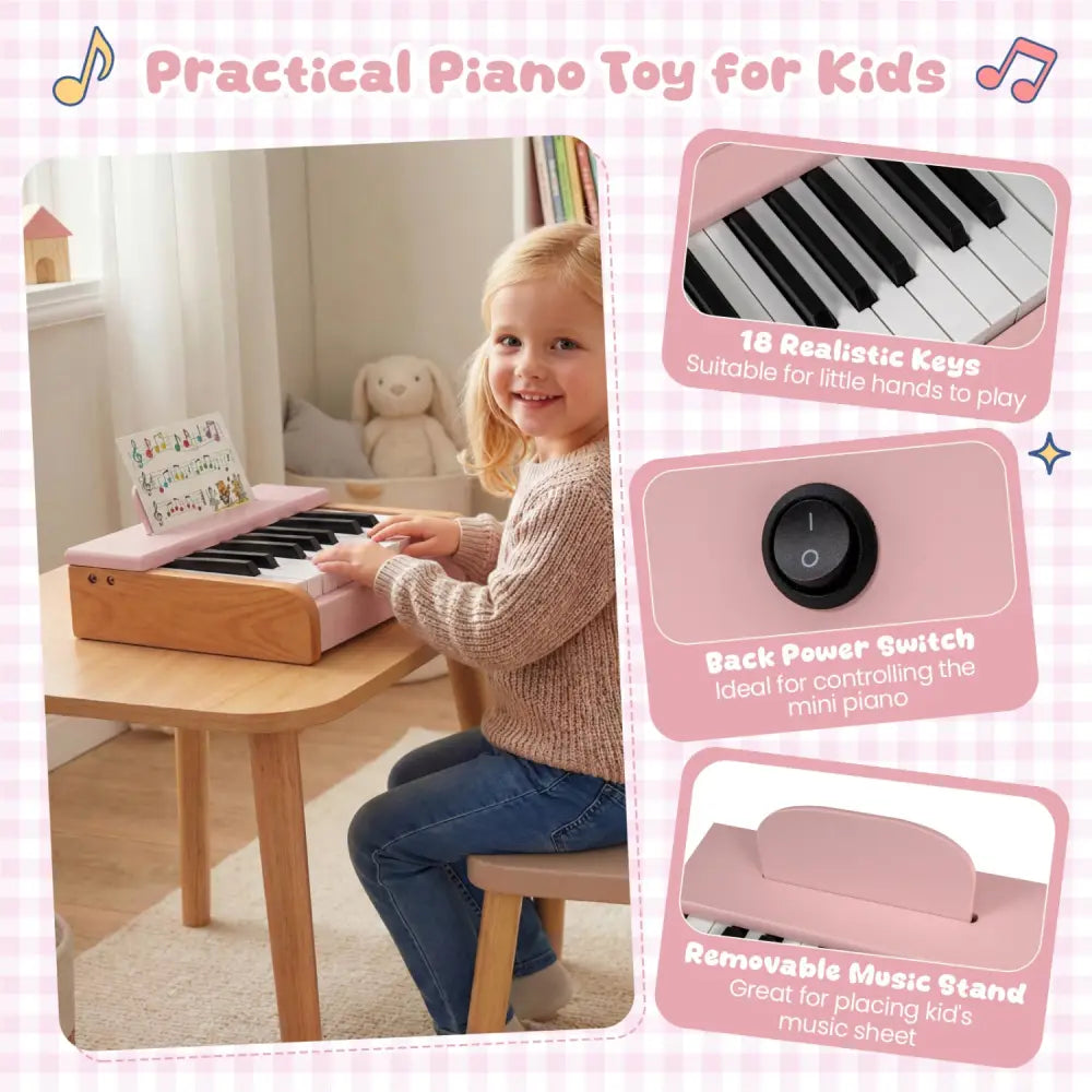 18 Keys Wooden Piano for Kids with Removable Music Stand-Pink - Pink - Pianos & Keyboards
