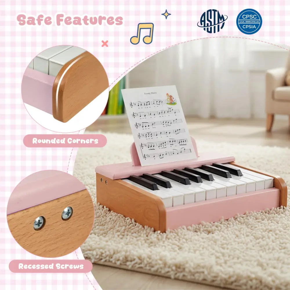 18 Keys Wooden Piano for Kids with Removable Music Stand-Pink - Pink - Pianos & Keyboards