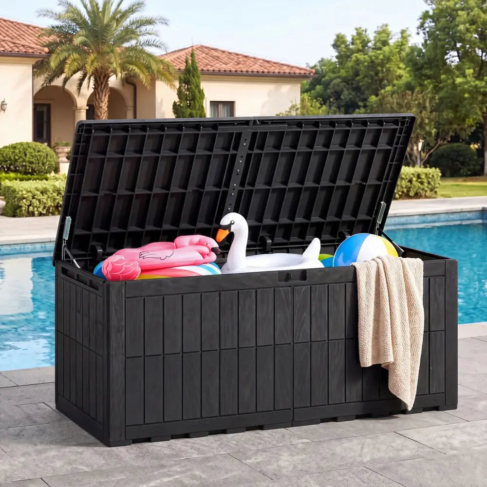 180 Gal Outdoor Deck Box All-Weather Lockable Storage Bin with Lid and Handles-Black - Black - Sheds & Outdoor Storage