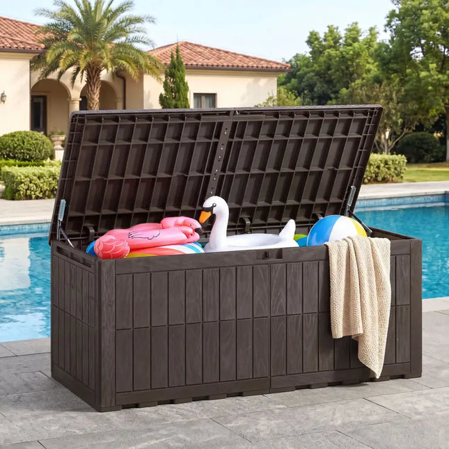 180 Gal Outdoor Deck Box All-Weather Lockable Storage Bin with Lid and Handles-Brown - Brown - Sheds & Outdoor Storage