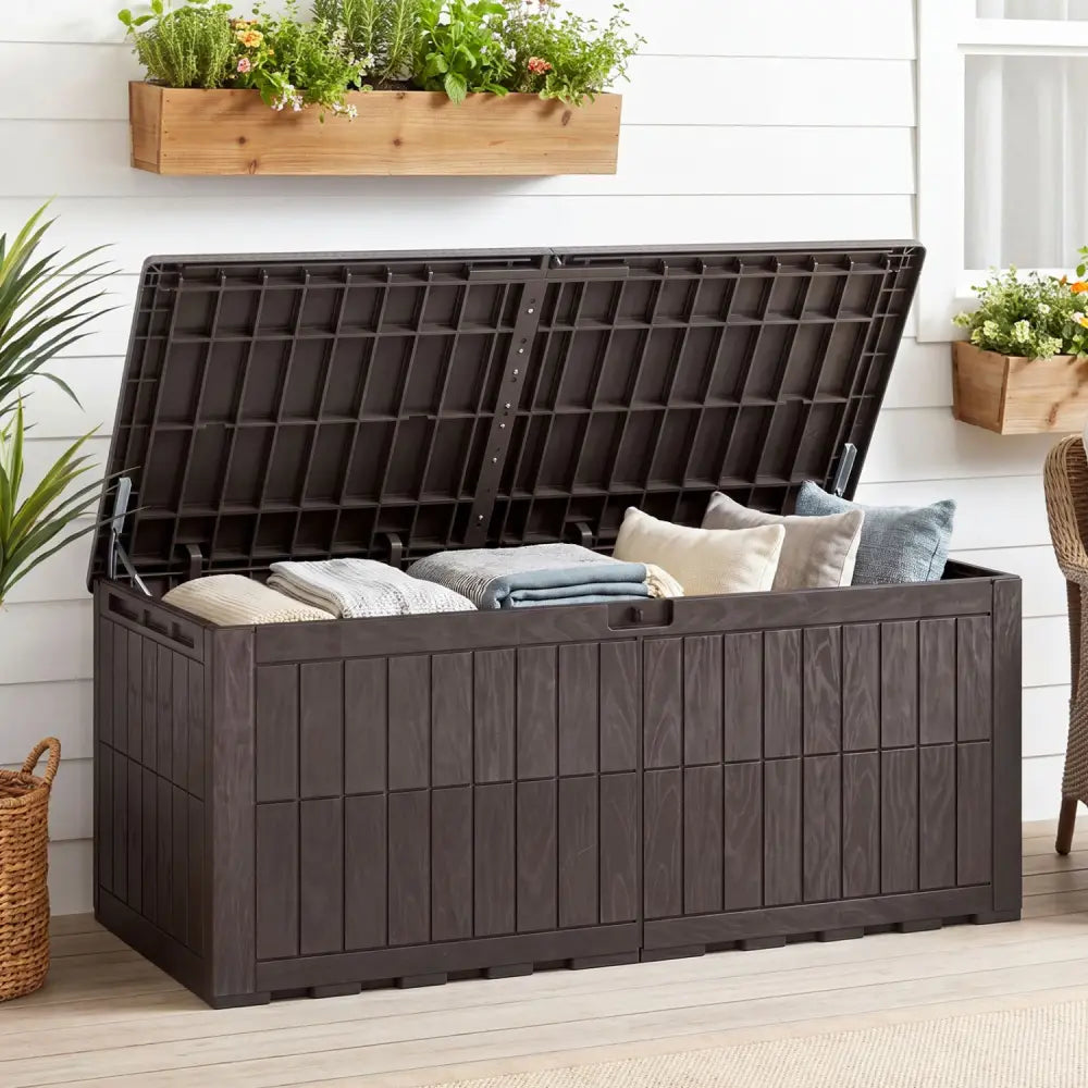 180 Gal Outdoor Deck Box All-Weather Lockable Storage Bin with Lid and Handles-Brown - Brown - Sheds & Outdoor Storage