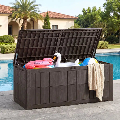 180 Gal Outdoor Deck Box All-Weather Lockable Storage Bin with Lid and Handles-Brown - Brown - Sheds & Outdoor Storage