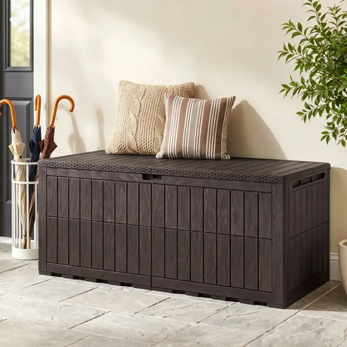 180 Gal Outdoor Deck Box All-Weather Lockable Storage Bin with Lid and Handles-Brown - Brown - Sheds & Outdoor Storage