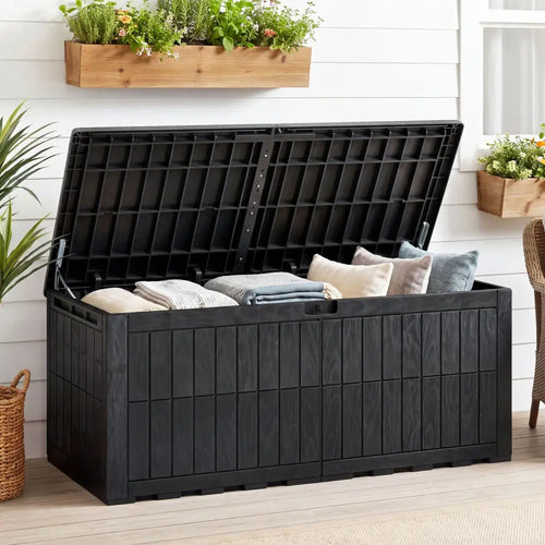 180 Gal Outdoor Deck Box All-Weather Lockable Storage Bin with Lid and Handles-Black - Black - Sheds & Outdoor Storage