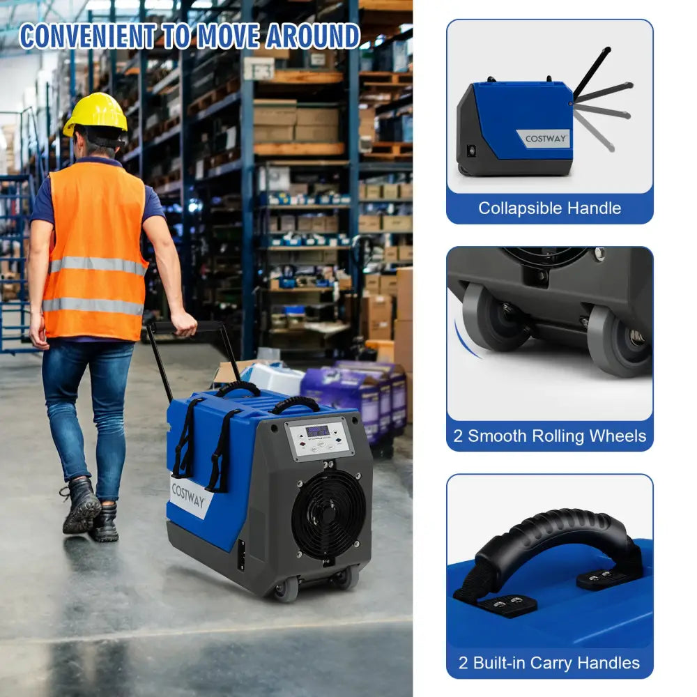 180 PPD Commercial Dehumidifier with Pump Drain Hose and Wheels-Blue - Blue - Dehumidifiers