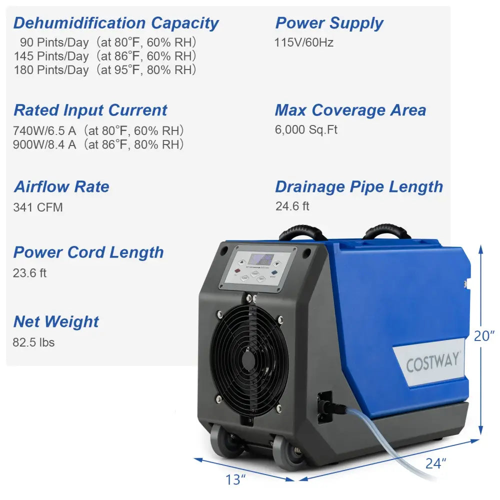 180 PPD Commercial Dehumidifier with Pump Drain Hose and Wheels-Blue - Blue - Dehumidifiers