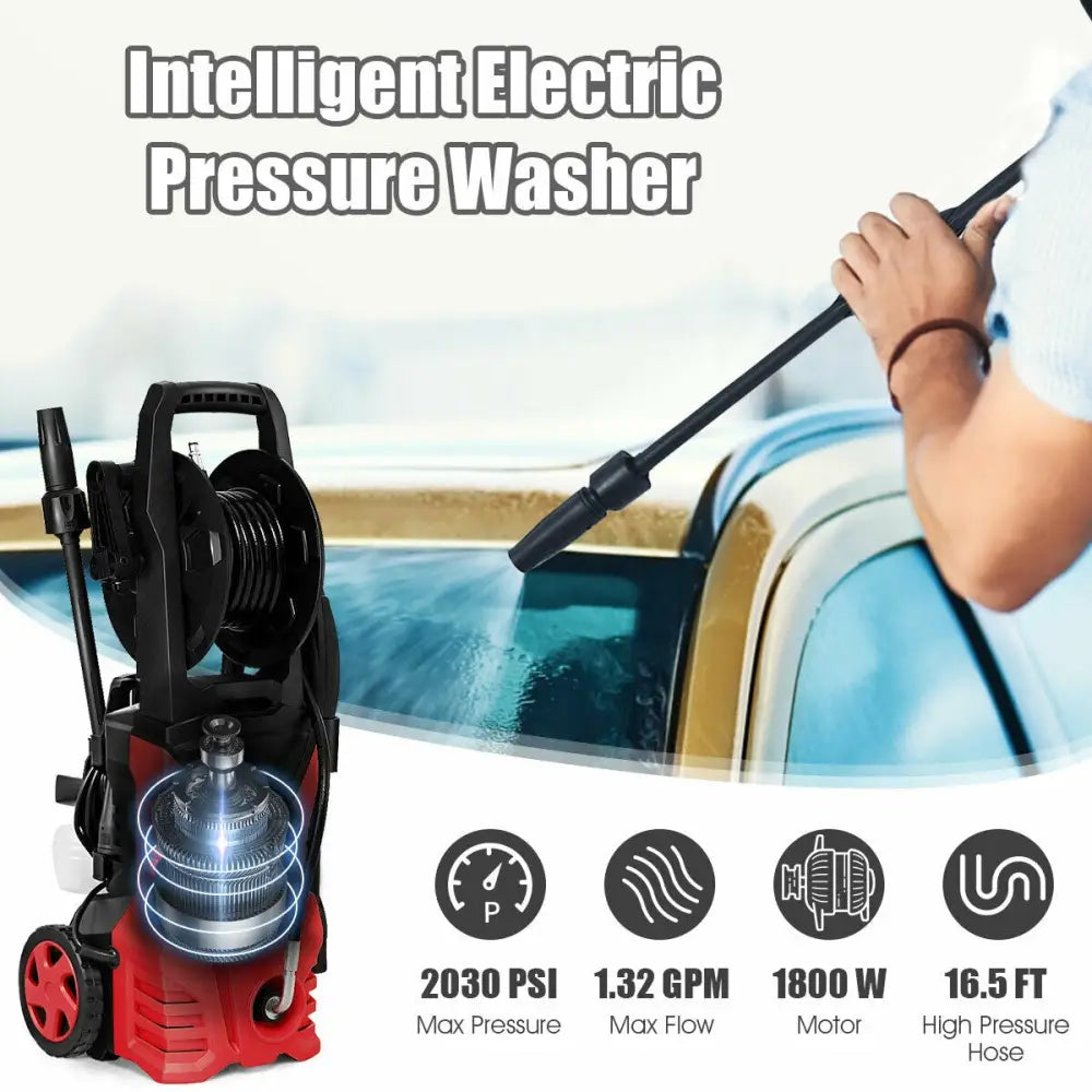 1800W 2030PSI Electric Pressure Washer Cleaner with Hose Reel-Red - Red - Pressure Washers