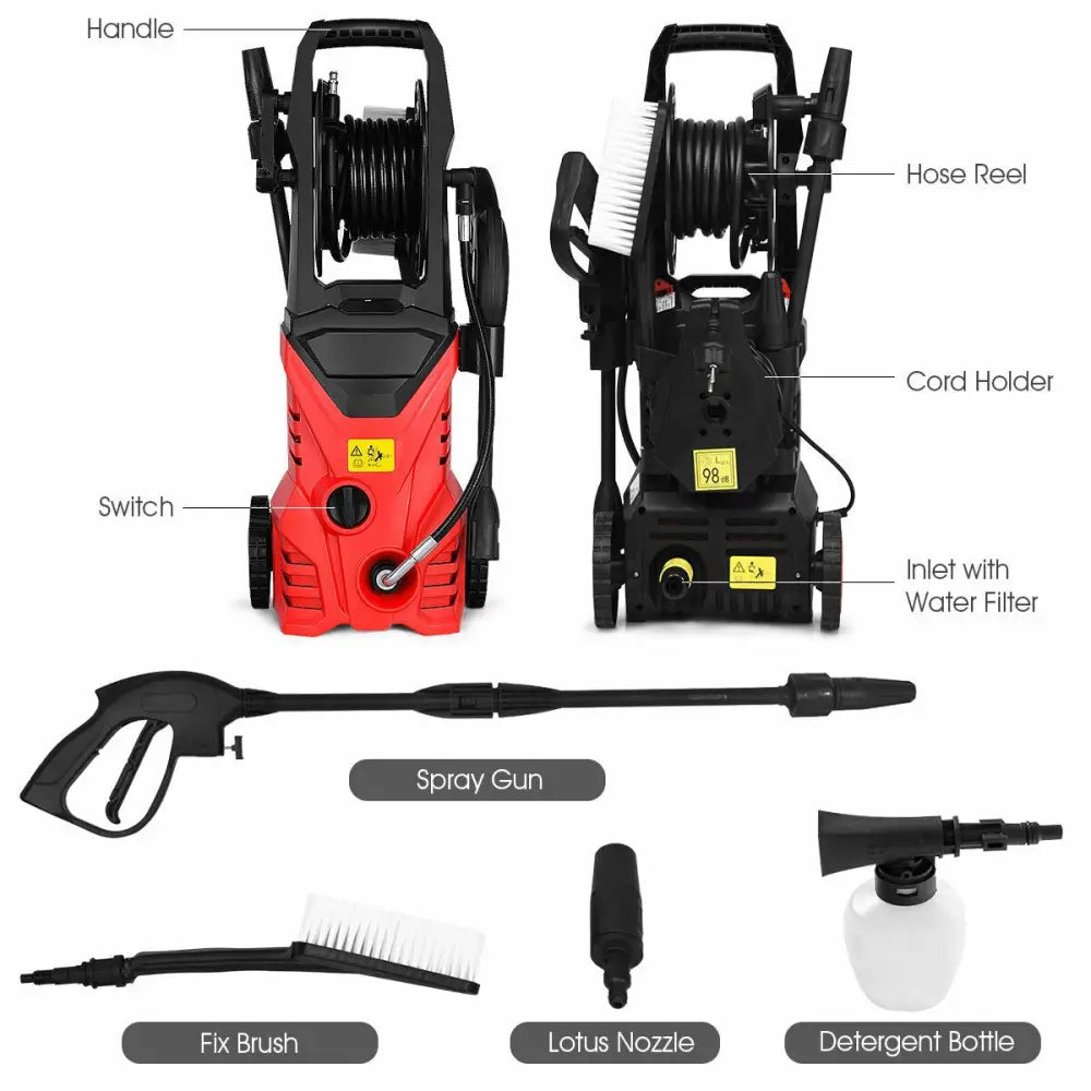 1800W 2030PSI Electric Pressure Washer Cleaner with Hose Reel-Red - Red - Pressure Washers