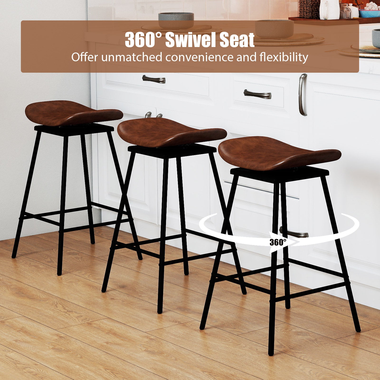 Set of 2 Swivel Barstools Faux Leather Upholstered Backless with Footrest-Brown