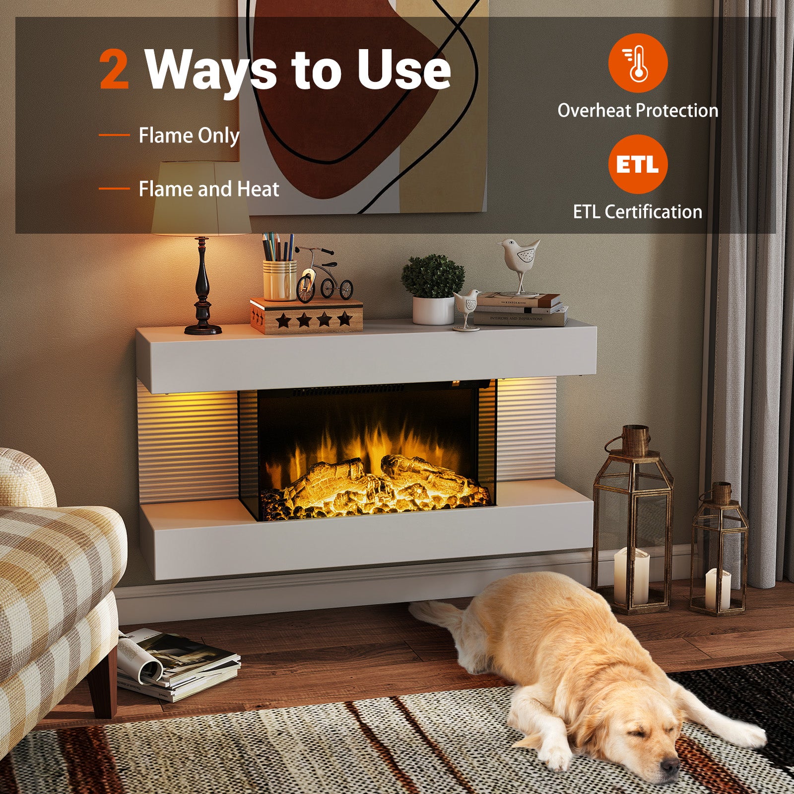 18/36 Inch 3-Sided Wall Mounted Electric Fireplace with 32/50 Inch Wide Floating Mantle-32 Inch