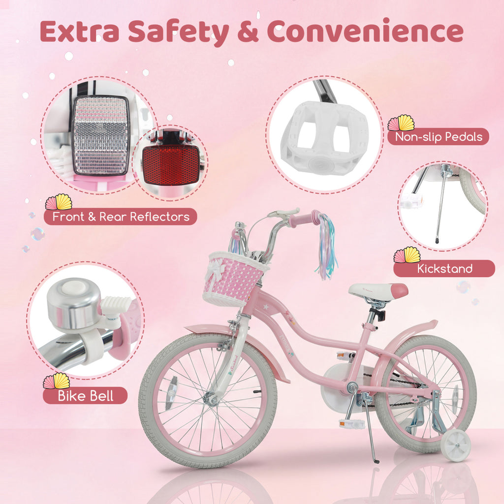 18-Inch Kids Bike Adjustable with Basket and Streamers Pink - Princess of the Sea Theme