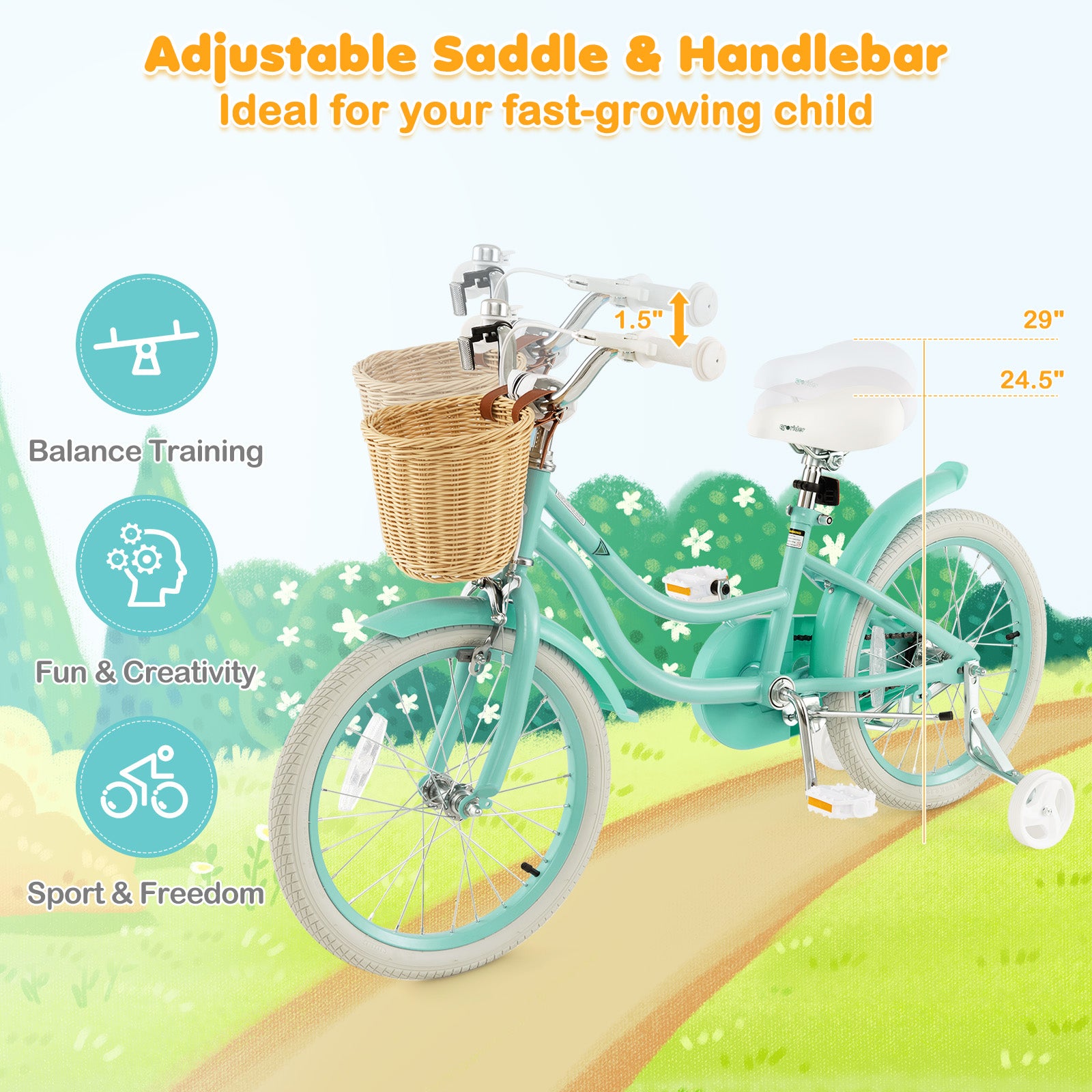 18-Inch Kids Bike with Training Wheels and Adjustable Handlebar Seat-Green