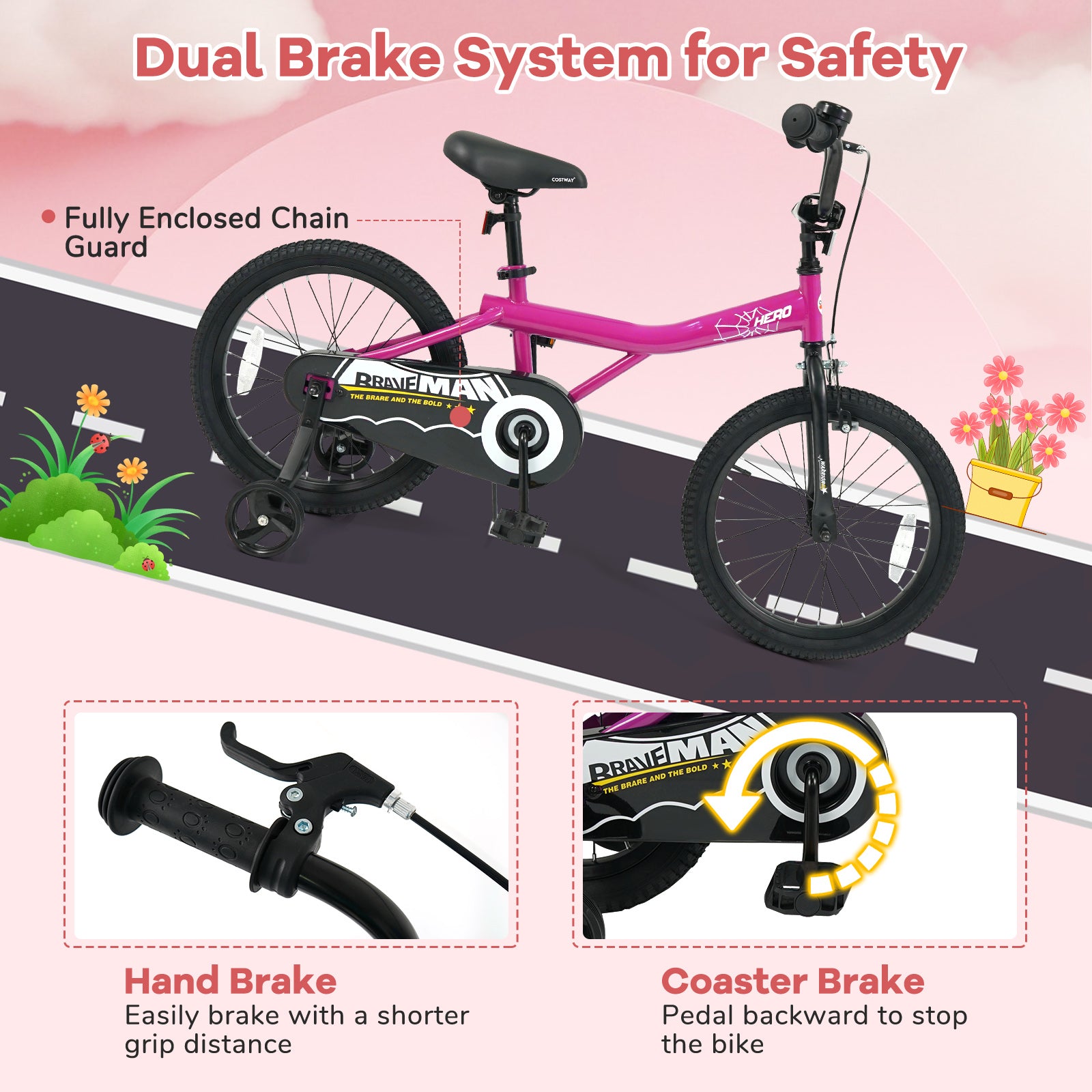 18-Inch Kids Bike with Removable Training Wheels Pink-Brave Hero