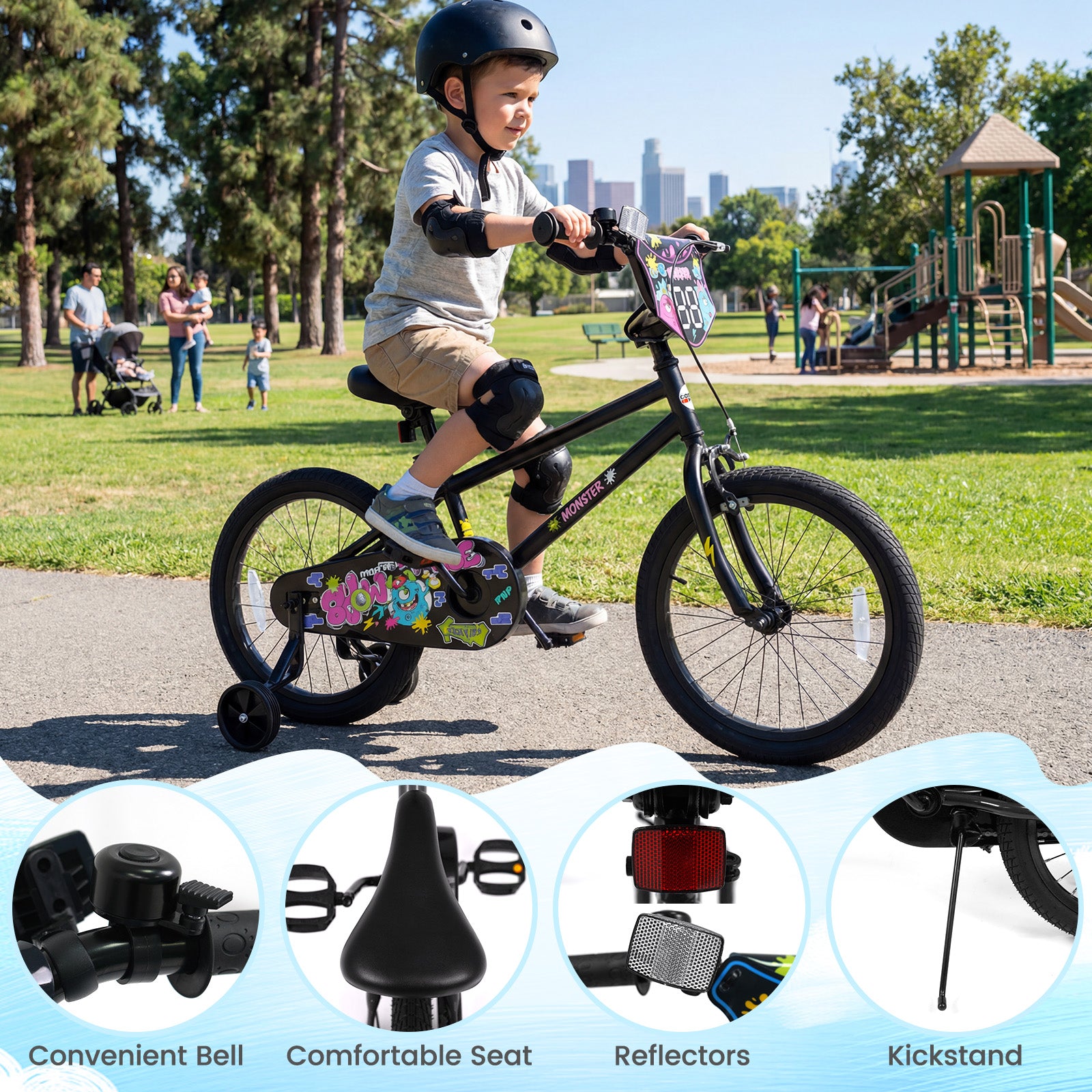 18 Inch Kids Bike with Training Wheels for Ages 4-8 Years Old Black- Street Art Time