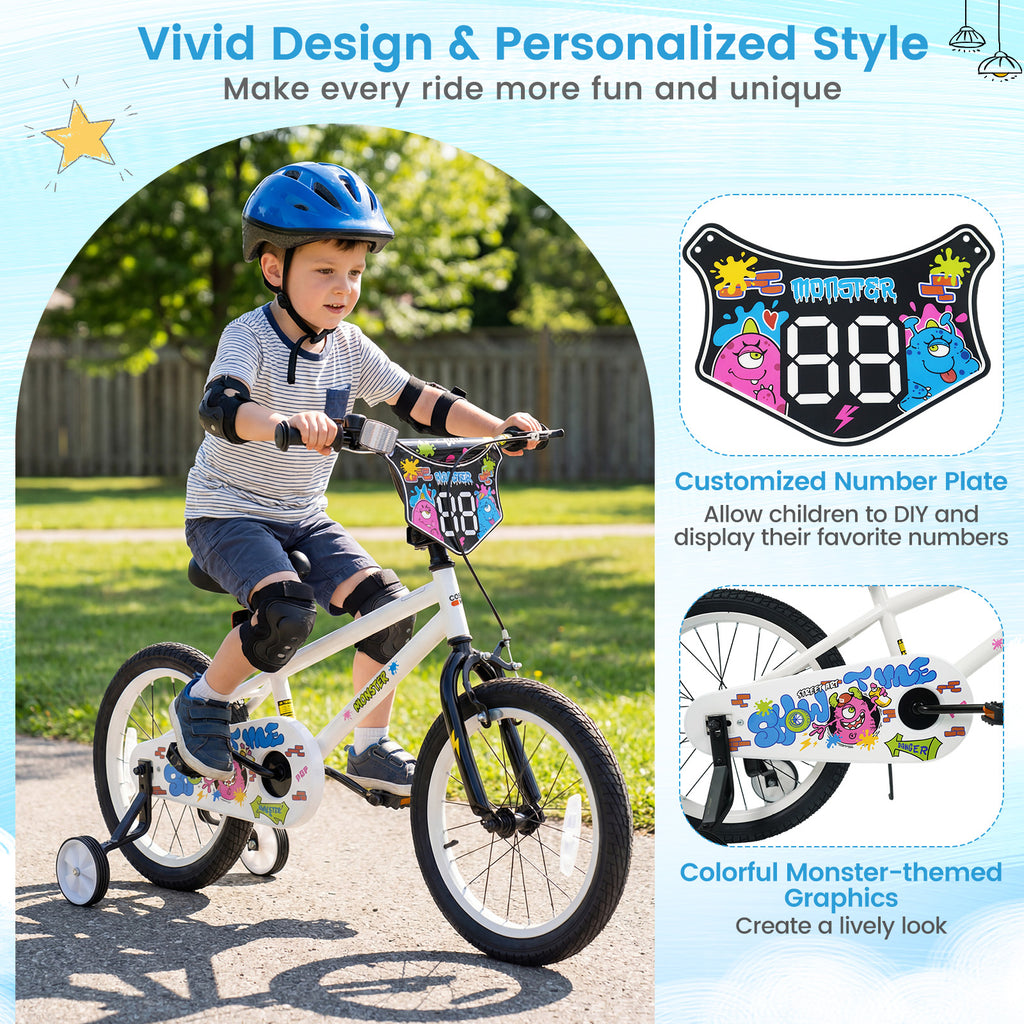 18 Inch Kids Bike with Training Wheels for Ages 4-8 Years Old White- Street Art Time