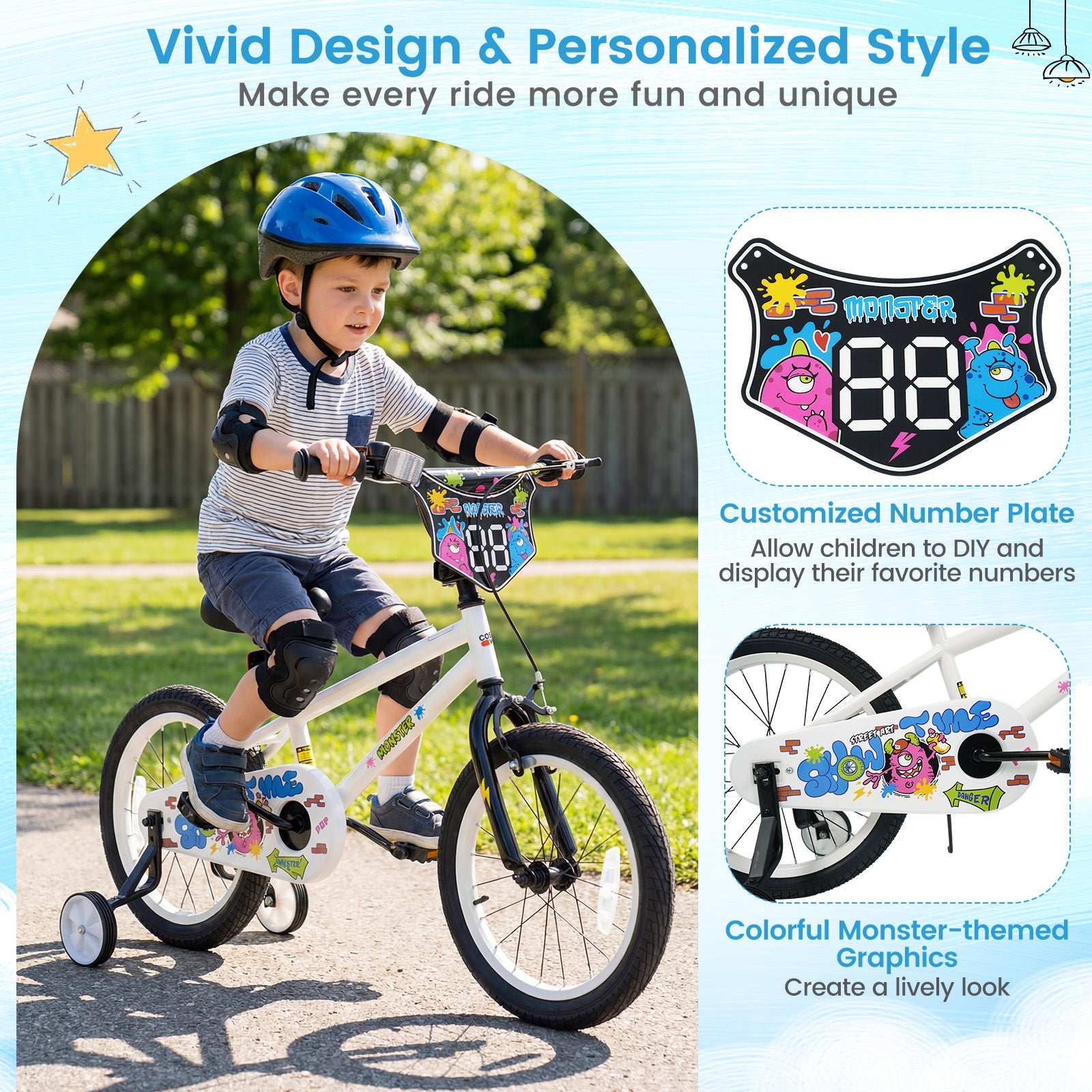 18 Inch Kids Bike with Training Wheels for Ages 4-8 Years Old White- Street Art Time