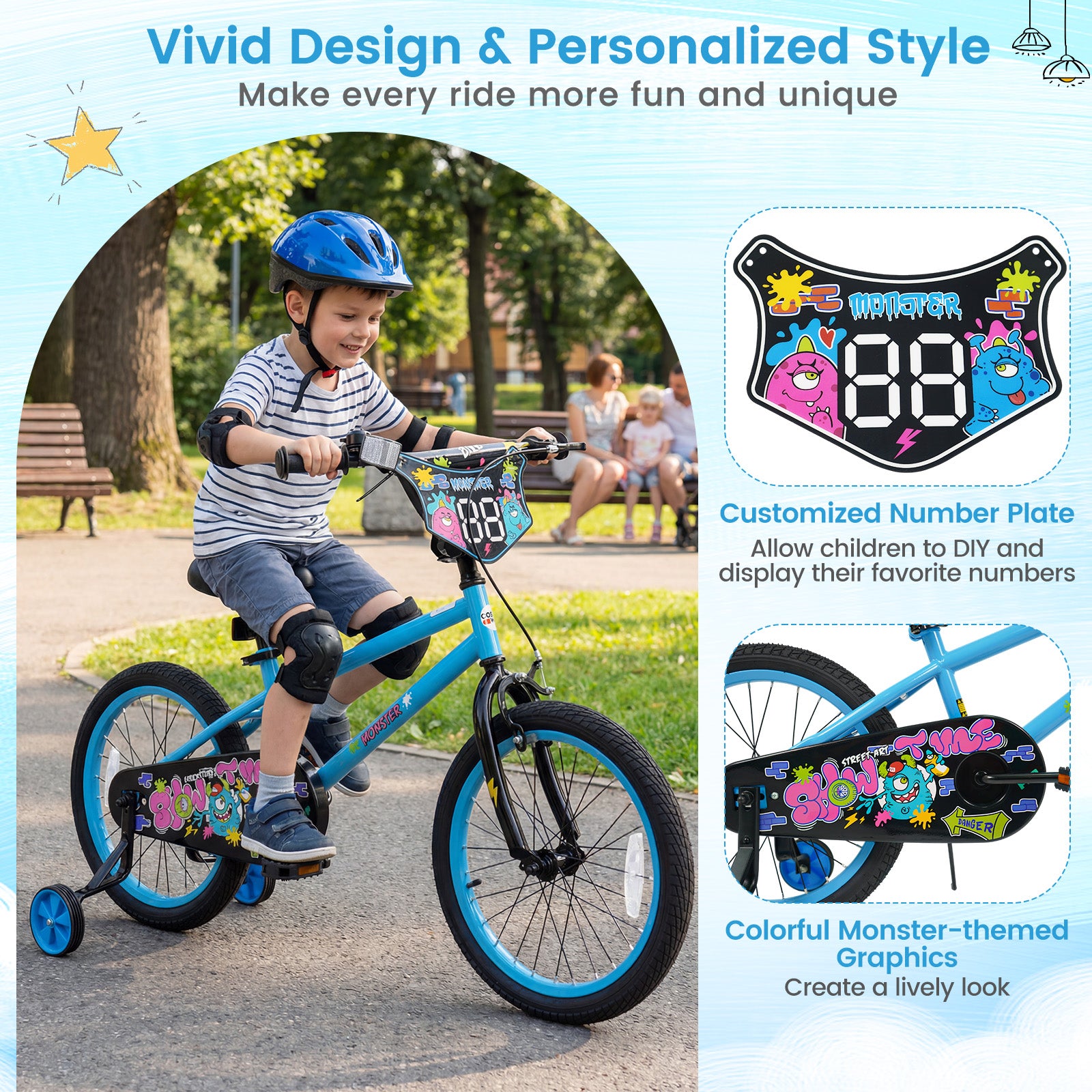 18 Inch Kids Bike with Training Wheels for Ages 4-8 Years Old Blue- Street Art Time